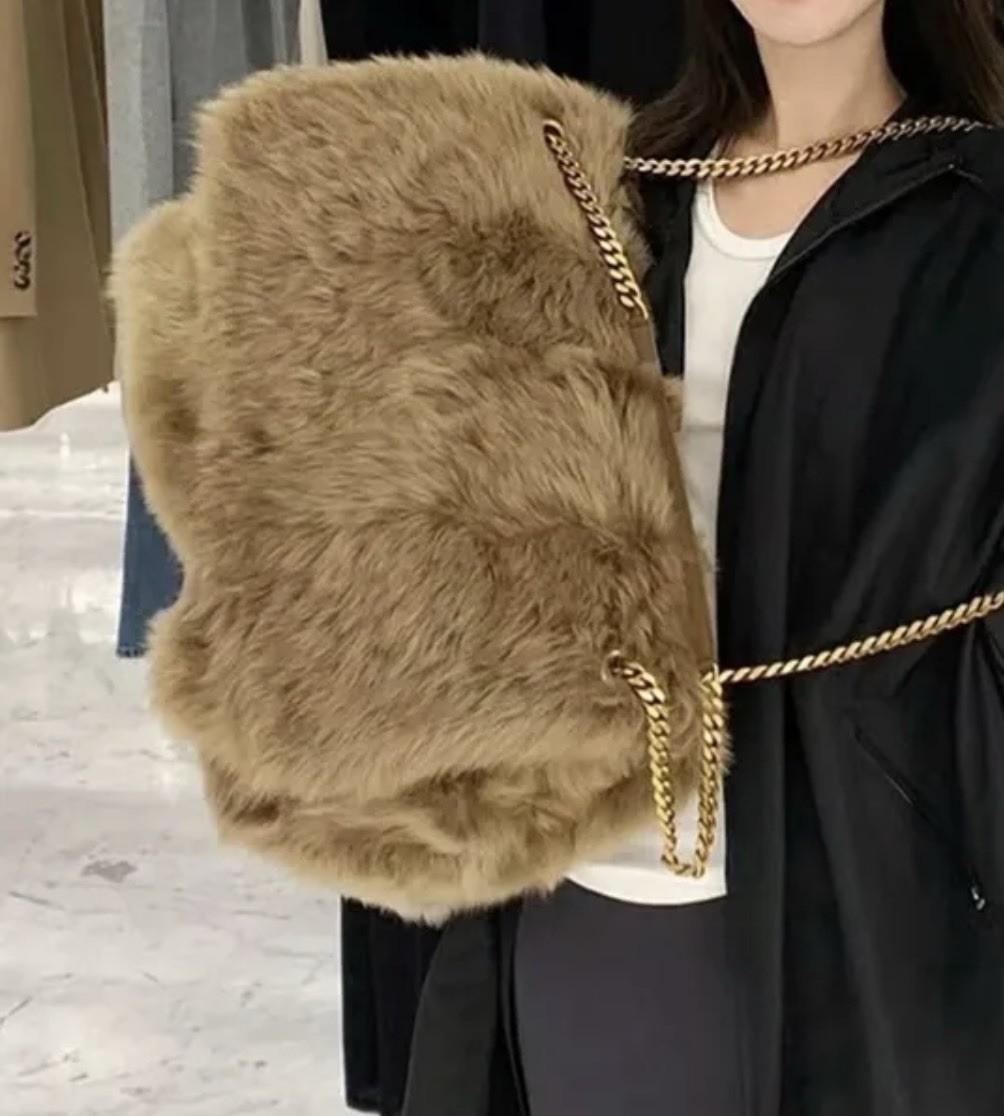 Large Faux Fur Shoulder Bag Soft Plush Winter Tote with Chain Strap Brown/Beige