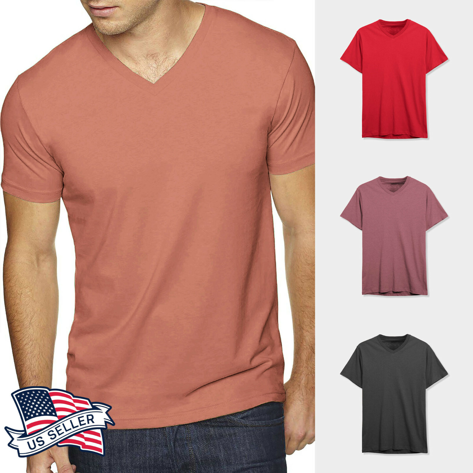 Mens V Neck T shirts Short Sleeve Tee Solid Casual Premium Cotton Basic Daily