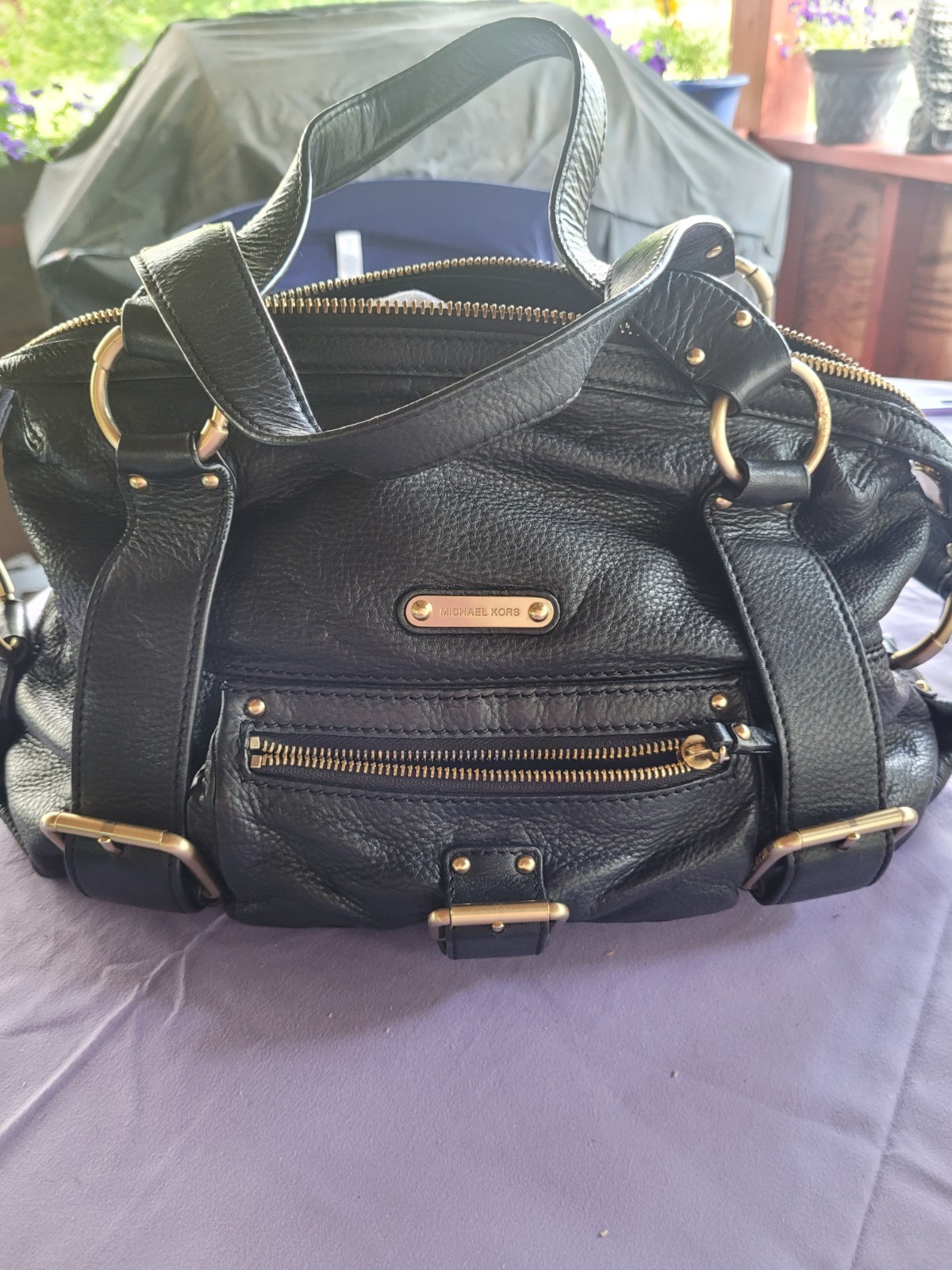 Michael Kors Black Pebbled Large Satchel Top Handle Zip Gold Hardware Strap
