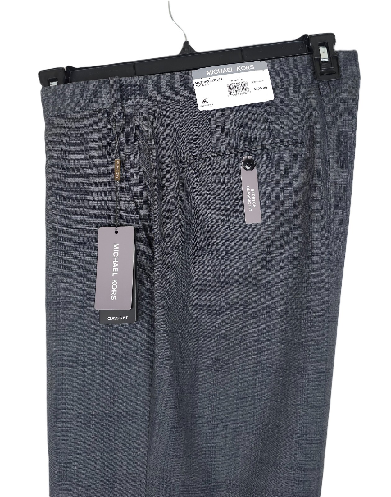 Michael Kors Mens Classic Fit Dress Pants 44×32 Grey Blue Plaid Stretch Wool NWT