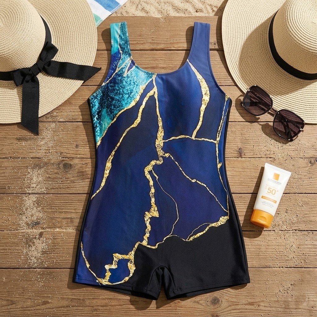 Women Marble Print One Piece Boyleg Swimsuit Sleeveless U Neck Swimming Costume