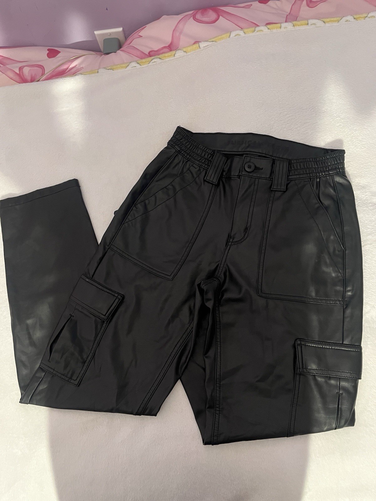 American Eagle Outfitters Black Faux Leather High Rise Cargo Pants Tapered