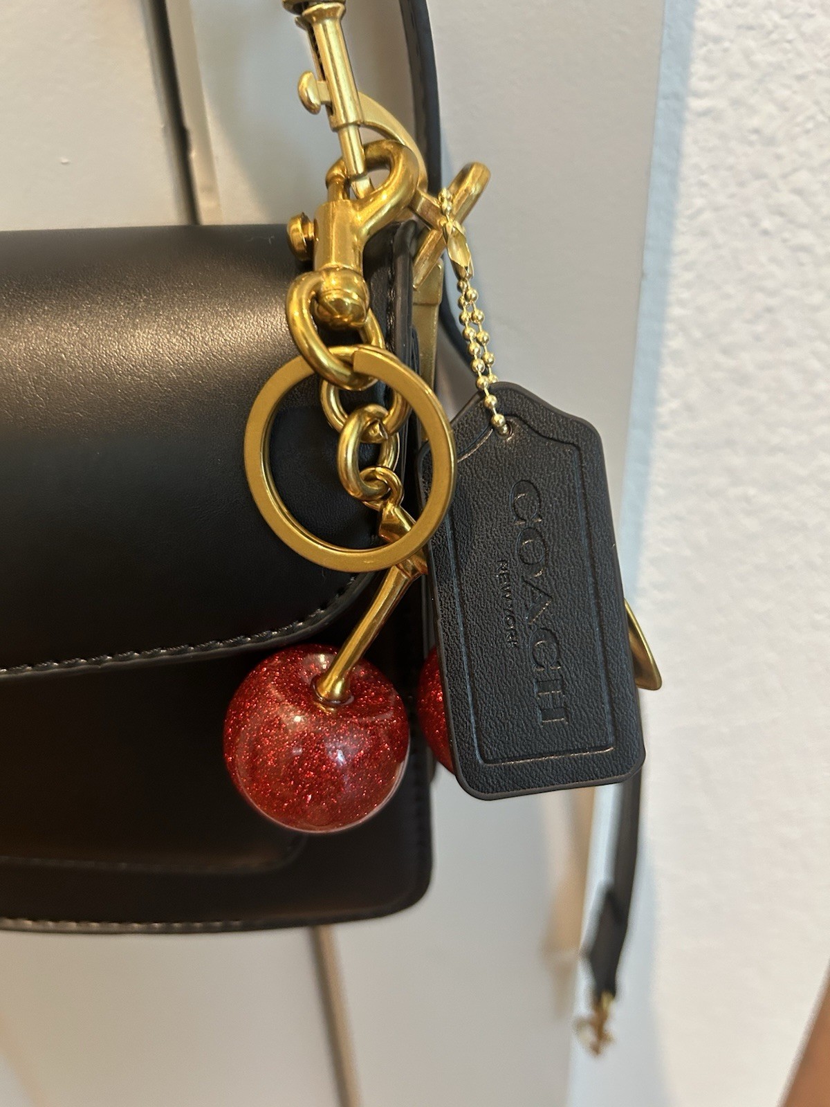 Coach Small Black Shoulder Bag w/ Detachable Strap, Gold Hardware & Cherry Charm
