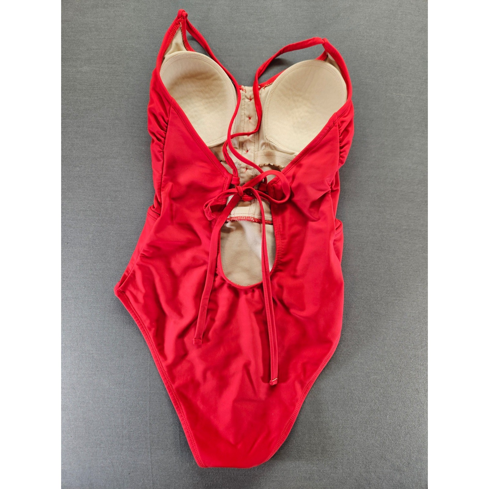 Kona Sol Womens Red Ruched Button Front Lace Up Back One Piece Swimsuit Size M