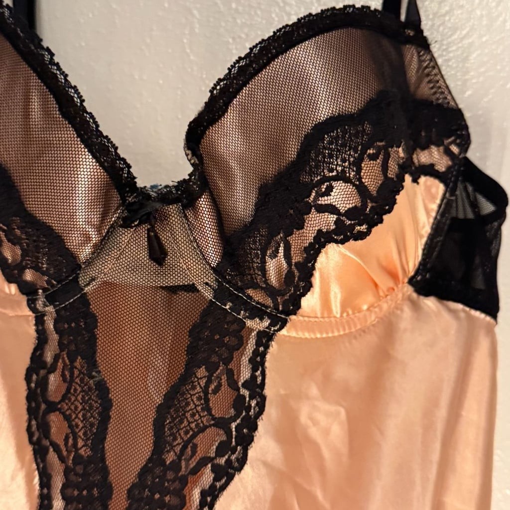 California Dynasty Pink Satin and Black Lace Cupped Babydoll Lingerie