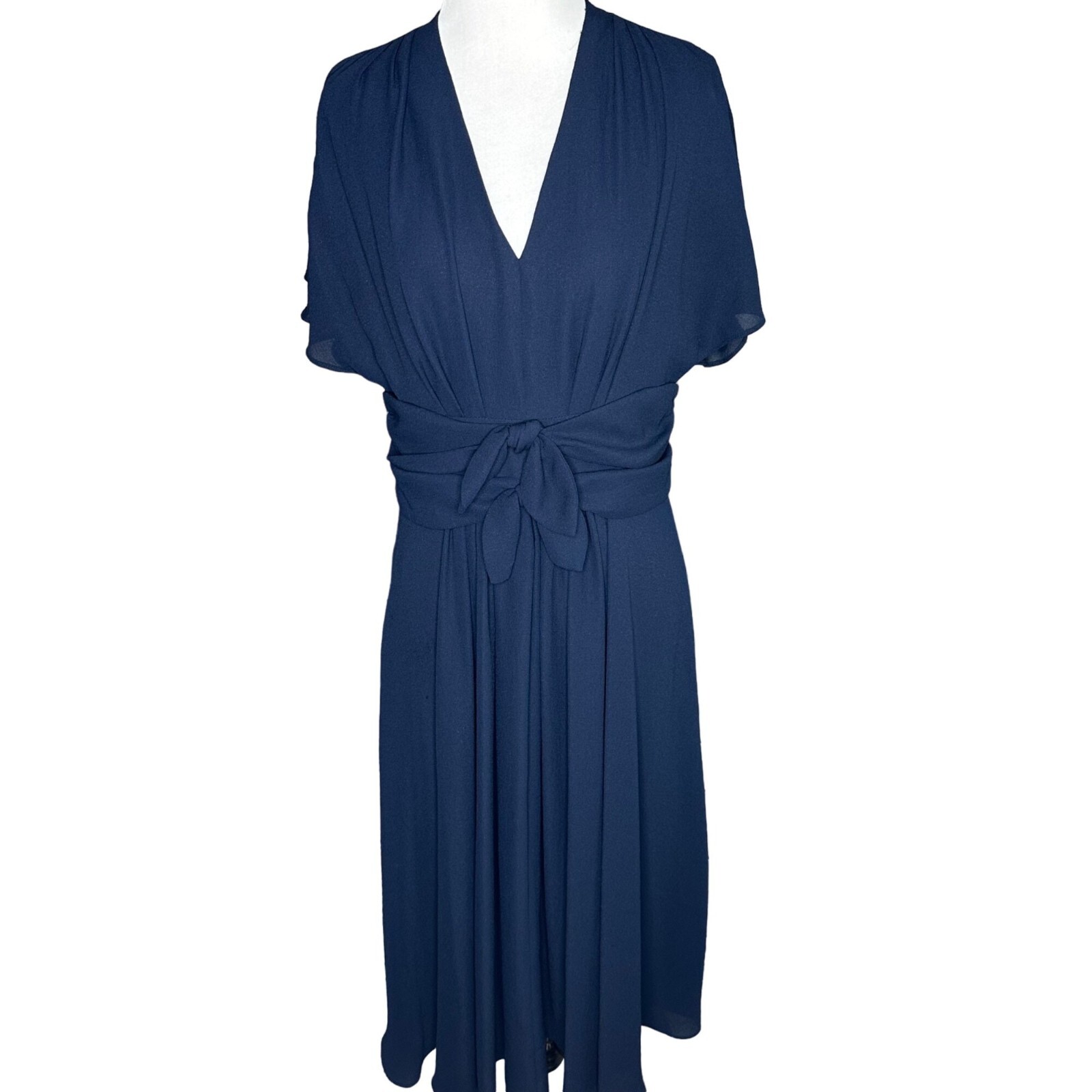 Gal Meets Glam Navy Blue Chiffon Waist Tie Bow Midi Dress Size 8 Back Zipper