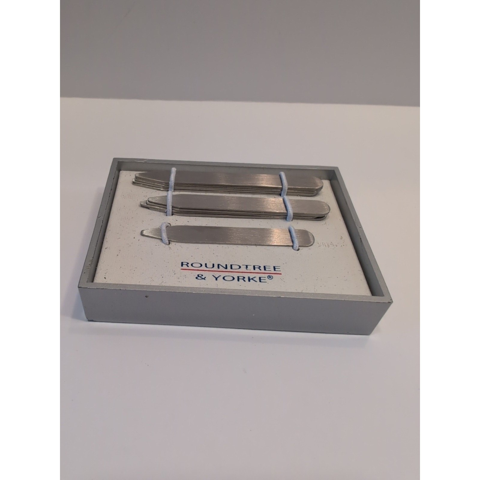 This is a set of 10 Assorted Roundtree & Yorke stainless steel collar stays
