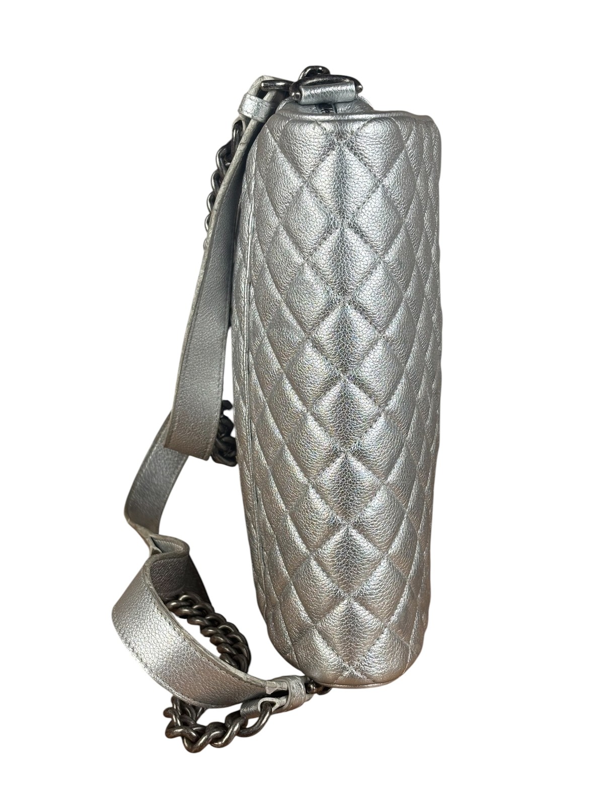 Size S – Chanel CC Silver Metallic Quilted Flap Shoulder Bag 2017 – Pre-Owned