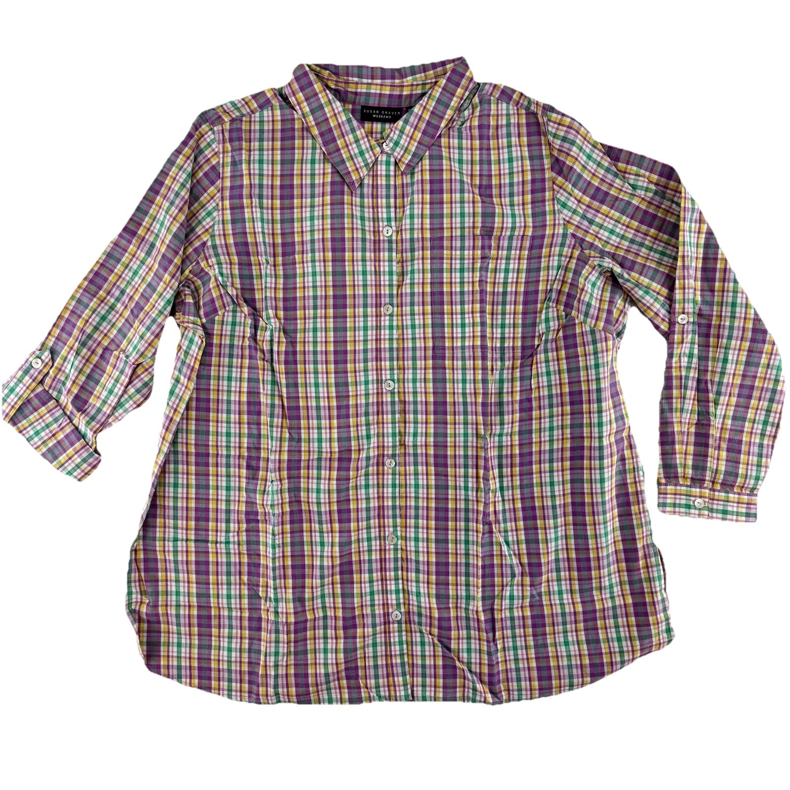 Susan Graver Weekend Plaid Button Front Shirt Petite 1X Purple Yellow