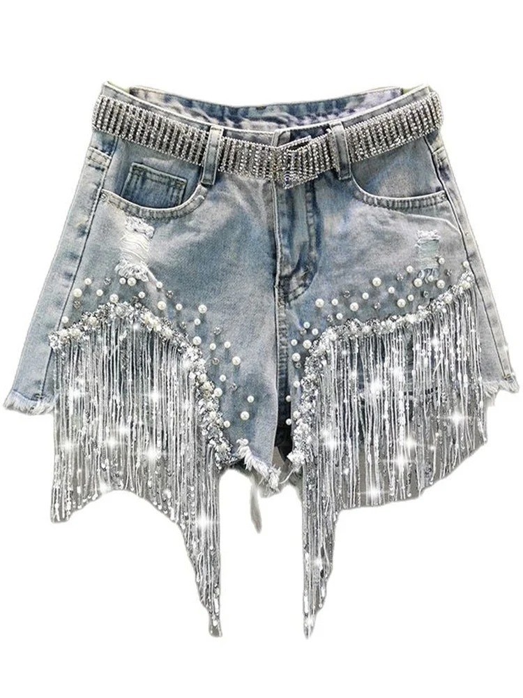 2025 Party Dance Shorts Tassel Beading Casual Jeans Women Celebrate Shiny Beads