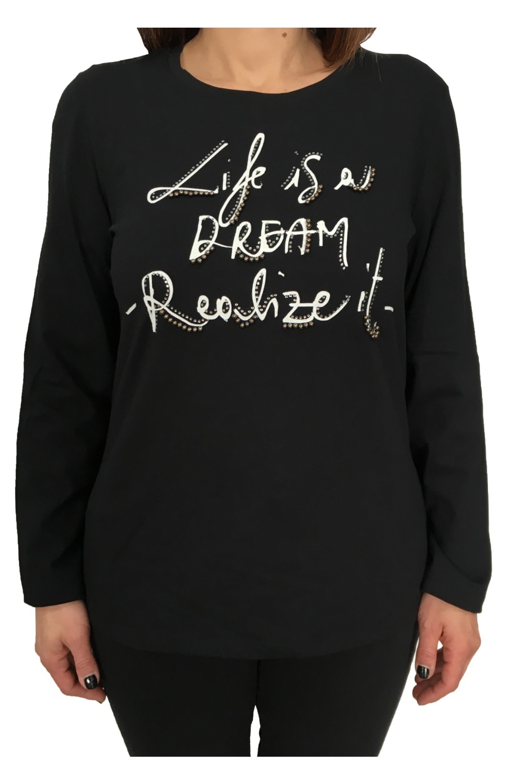ELENA MIRò Women’s T-Shirt Black with Applications 94% Cotton 6% Elastane