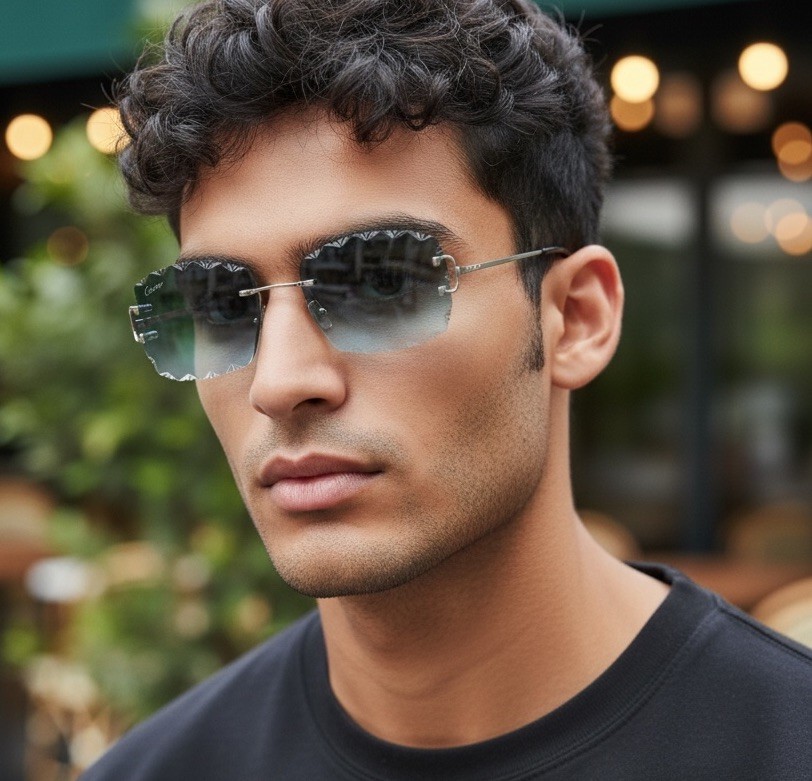 Cartier rimless sunglasses piccadilly glasses Diamond Cut BIG C silver Frame