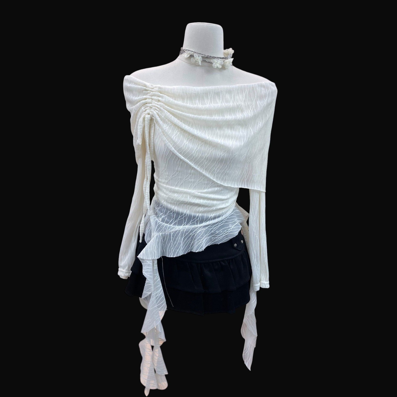 Women’s Ruched Off Shoulder Mesh Top Asymmetrical Y2K Coquette Sexy Blouse