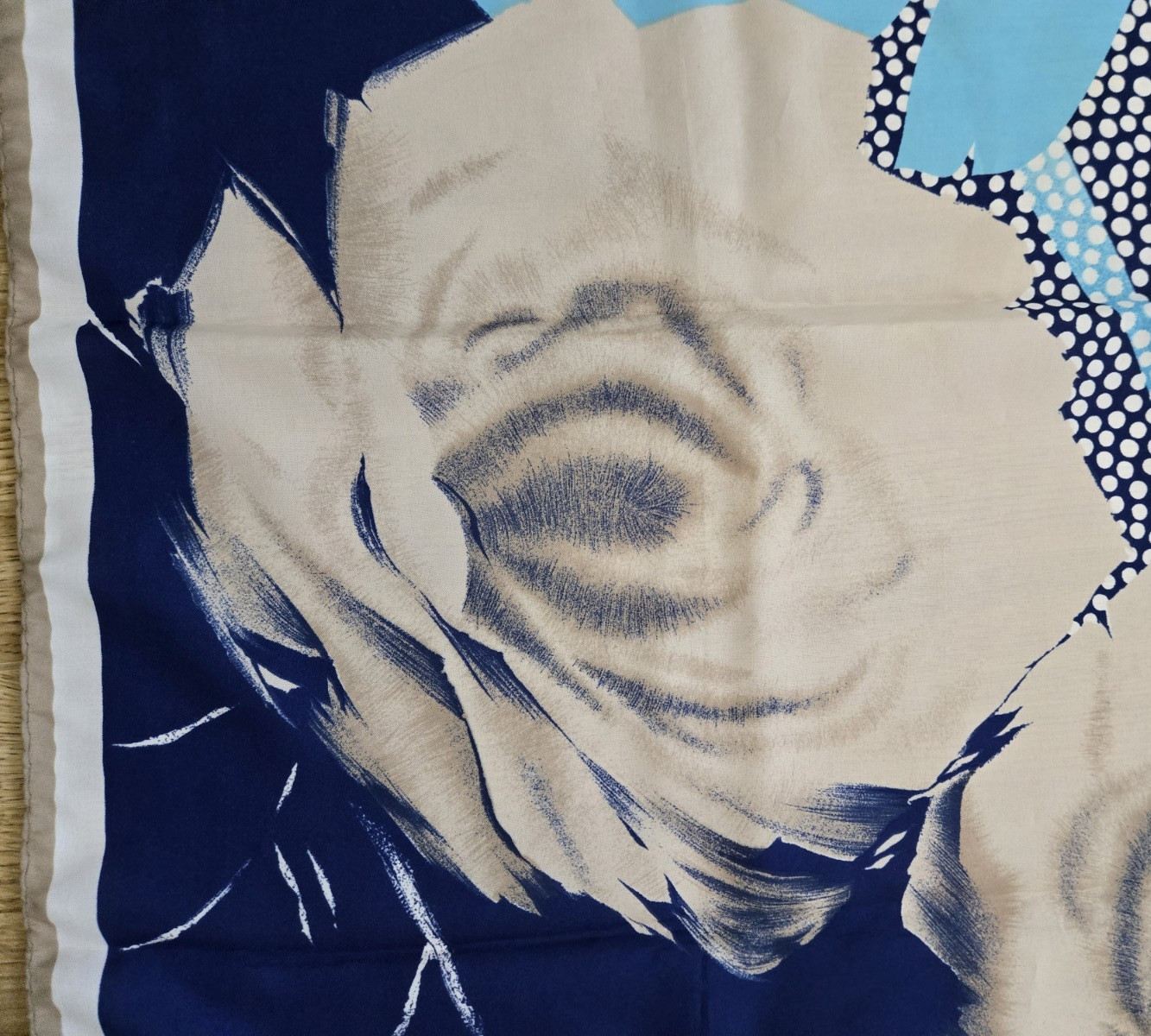 Vintage LEONARDI Silk Scarf in Shades of Blue + Tan. 31.5 inches x 31.5 inches