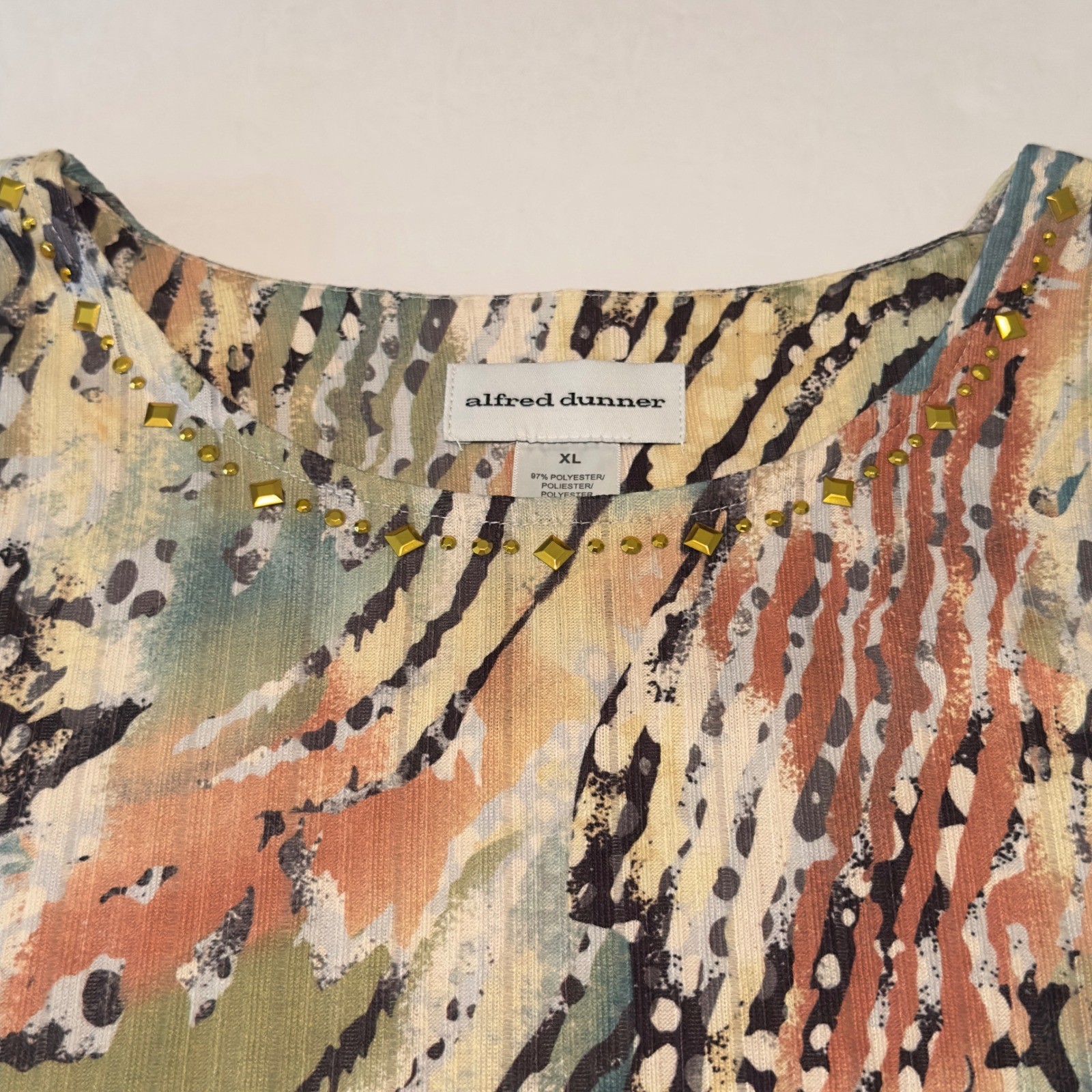 Alfred Dunner XL Abstract Animal Print Studded Neck 3/4 Sleeve Ribbed Knit Top