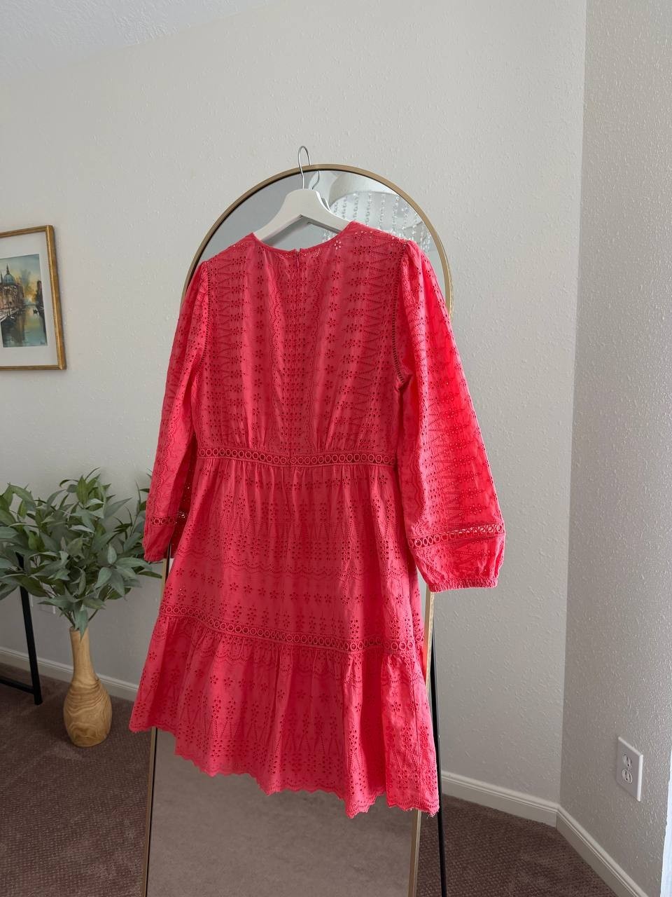 J.Crew Pink Eyelet Cotton Tiered Mini Dress Women’s 4 Long Sleeve Slip Lined
