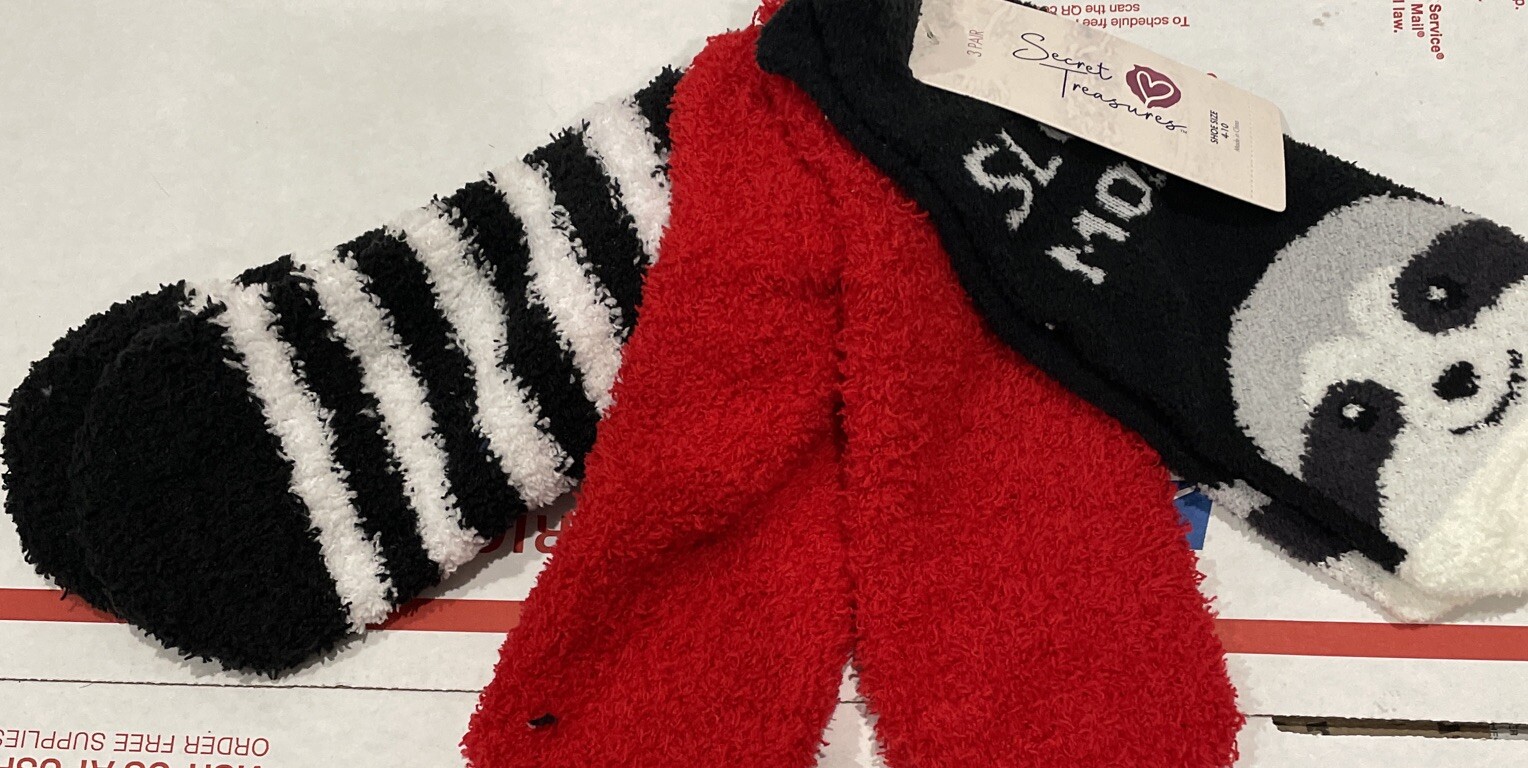 Sloth Mode 3-pk Cozy Socks Size 4-10 Black Red & Stripe Ladies Secret Treasures