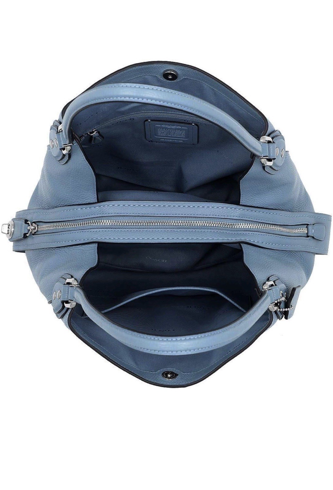 Coach Blue Pebbled Shoulder Bag Zip Center Turn Lock Pocket Charm Silver