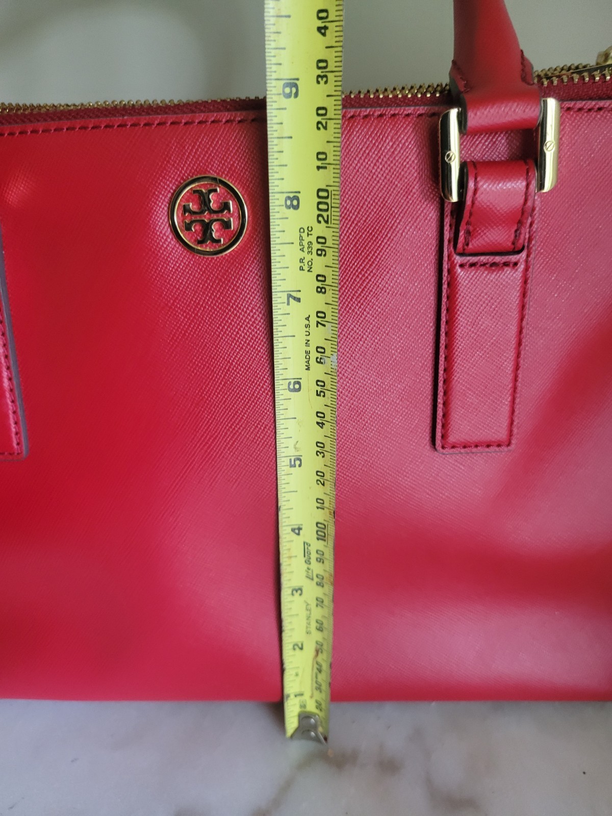 Tory Burch Robinson Double Zip Red Leather Top HandleTote Shoulder Strap Missing