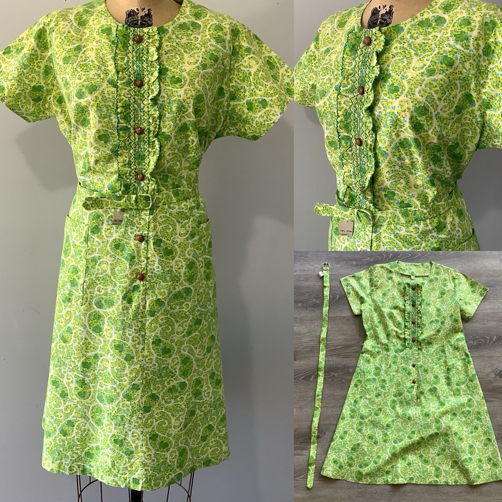 Vintage 1950’s Floral Cotton Dress Deadstock Mint With Tag XL Bust 46″ Waist 39”