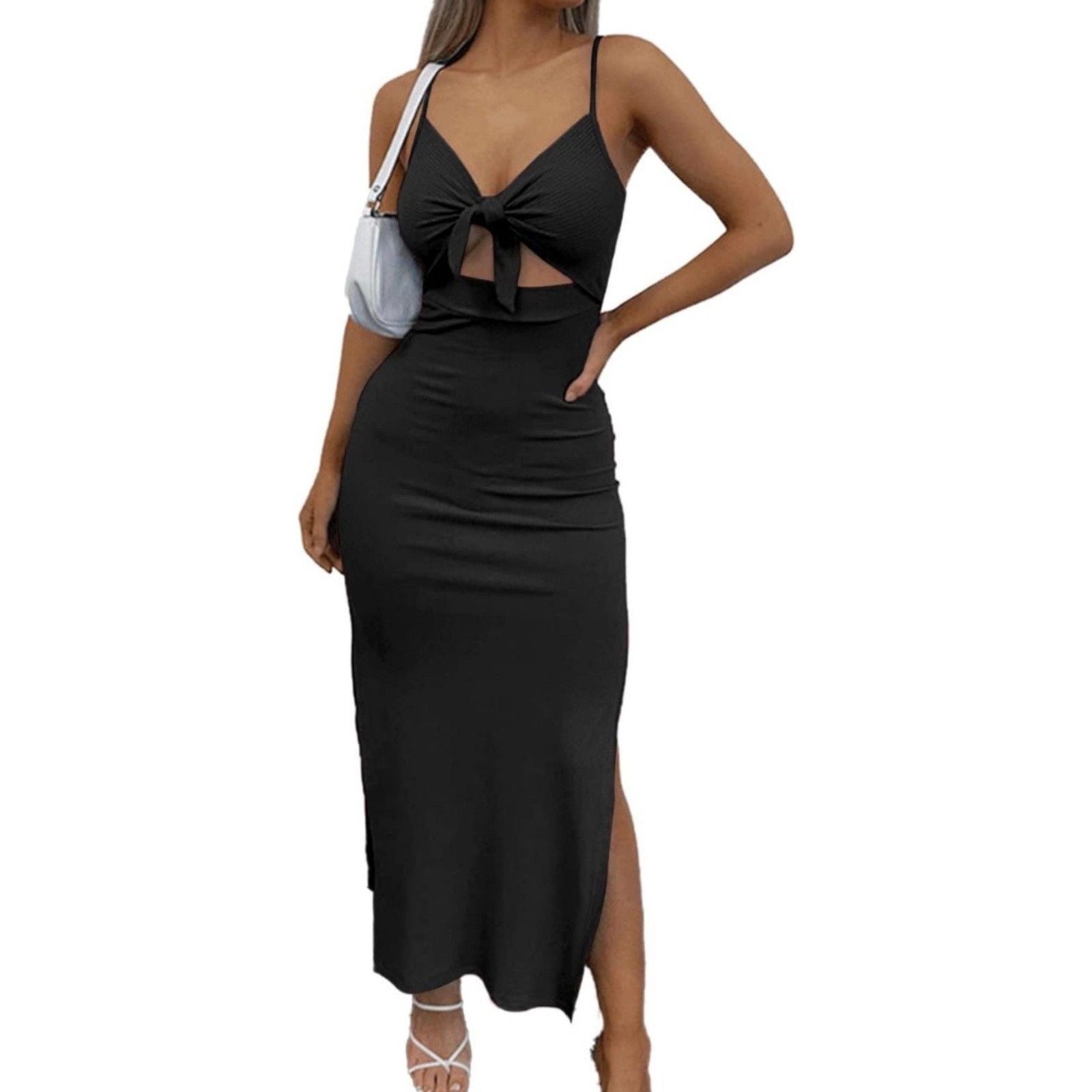 Women Tie Know Cut Out Side Split Sleeveless Bodycon Maxi Long Dress Size Large