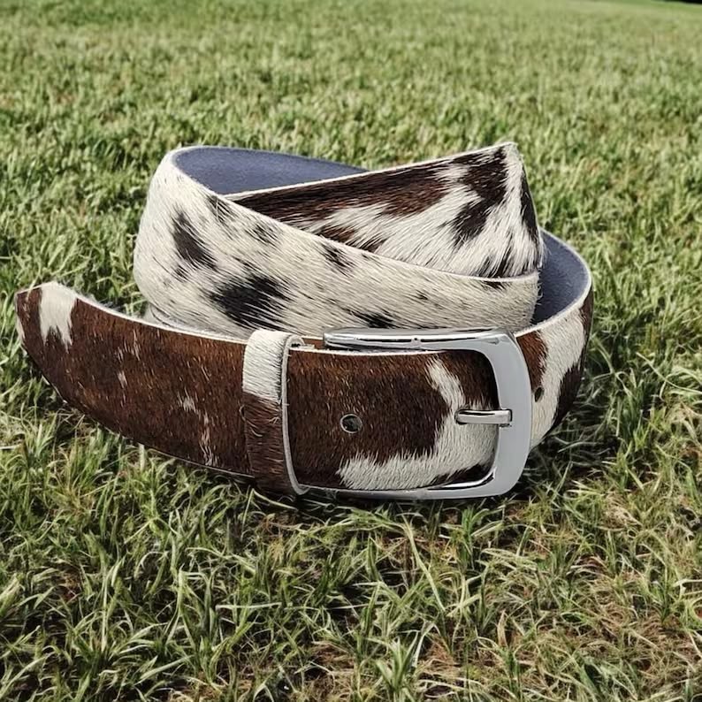 Handmade Leather Cowhide Belt Brown White Spotted Western Style Belt