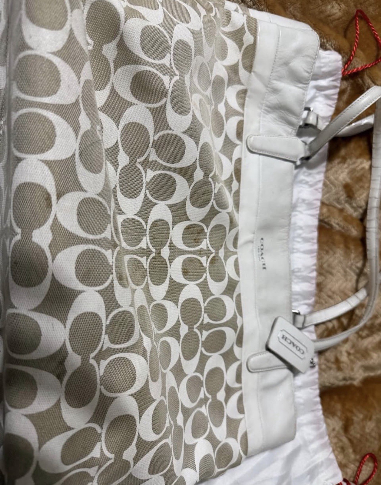 Coach Signature Logo Tote Bag Beige/White Large Zip Closure w/ Dust Bag