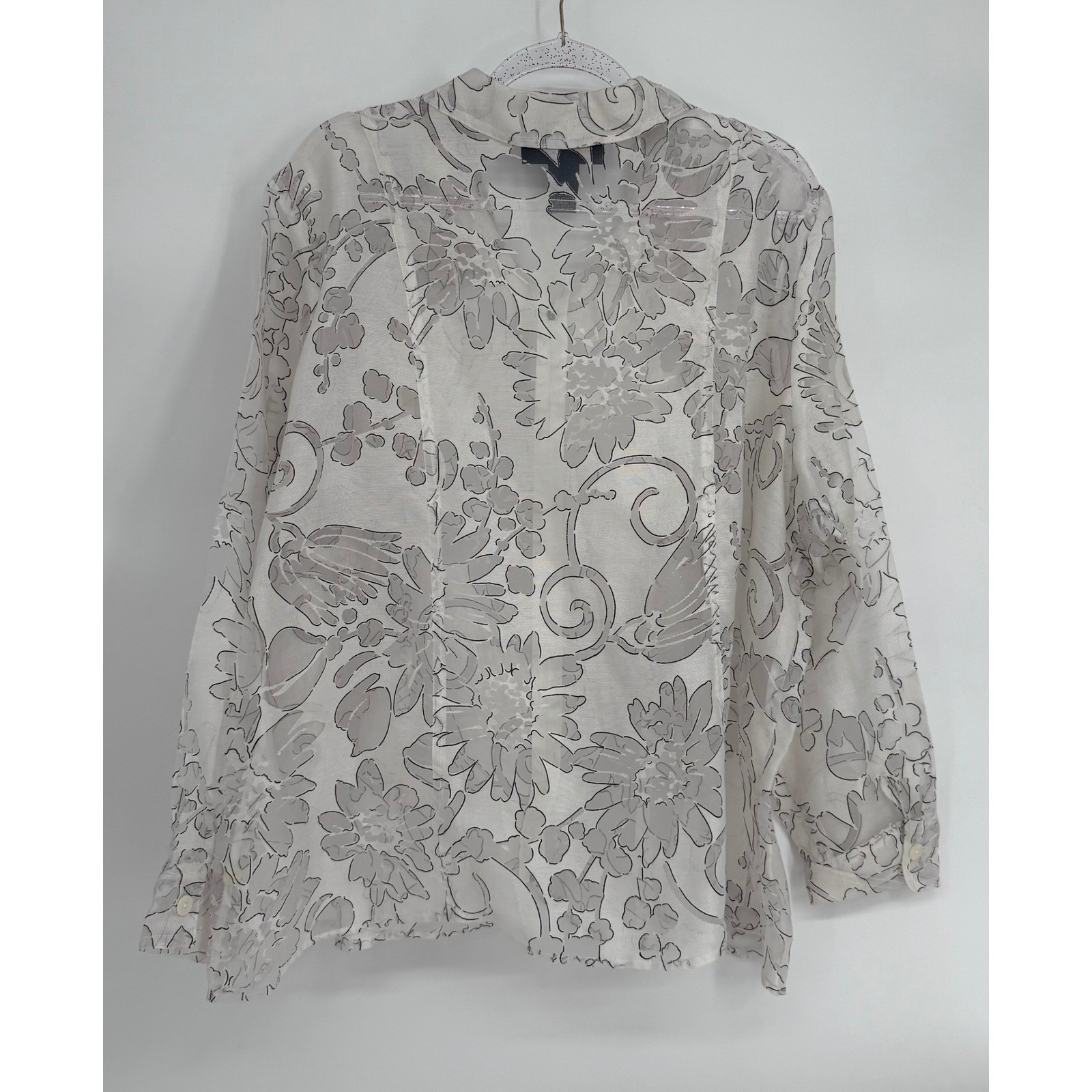 Susan Graver Style White Grey Floral Burnout Zip Front Blouse Jacket Sz 3X