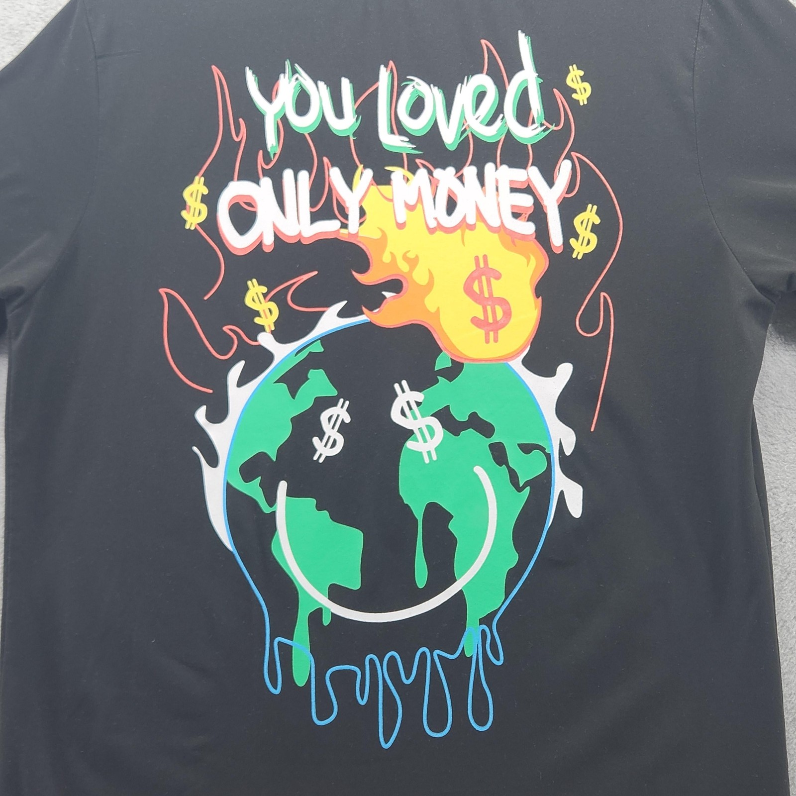 SHEIN Shirt Mens Small Black Graphic Money Repeat Smile Flame Earth Tee