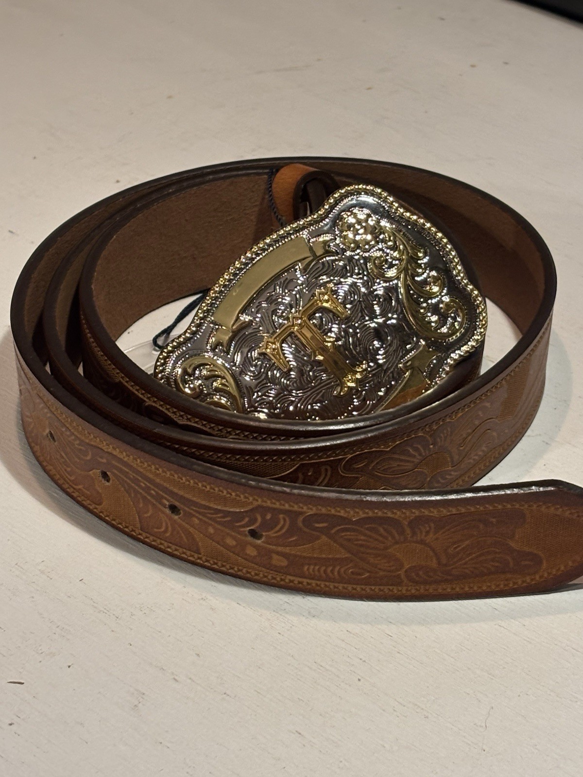 BISON DENIM Men’s / Women’s Brown Leather Belt with Ornate Buckle Size 32″-38″