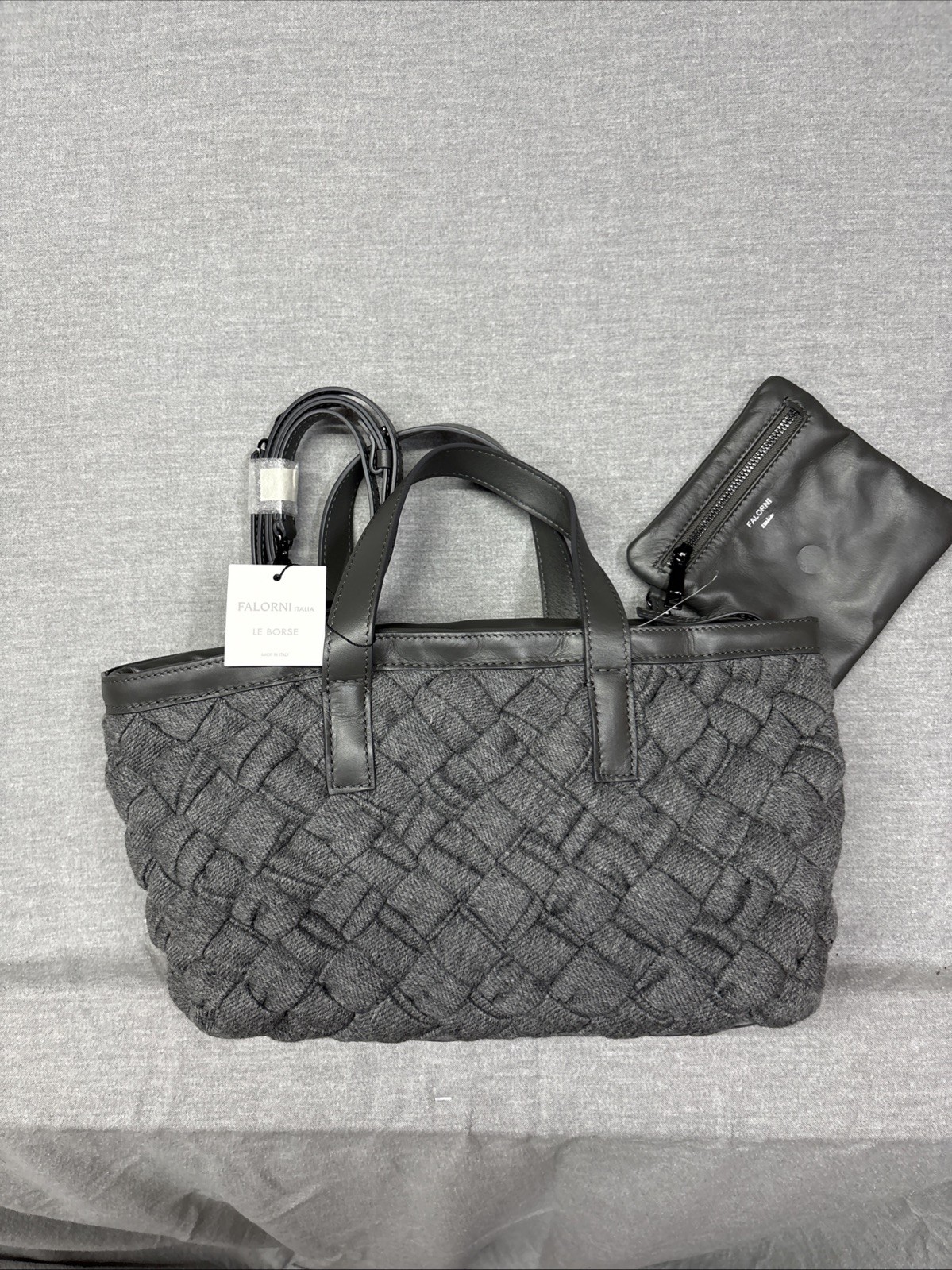NWT FALORNI ITALIA LE BORSE Gray Tote Bag W/ Pouch And Crossbody Strap
