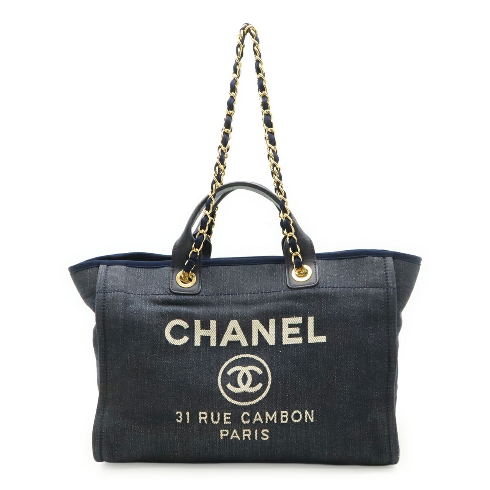 CHANEL Deauville Tote MM Medium Bag Shoulder Chain Denim Navy A67001 GZl1i6xz