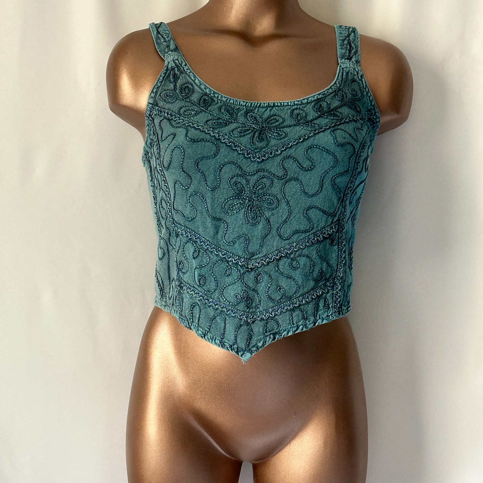 Womens Cropped Top S/M Teal Embroidered Fairy Whimsigoth Gypsy Festival Boho