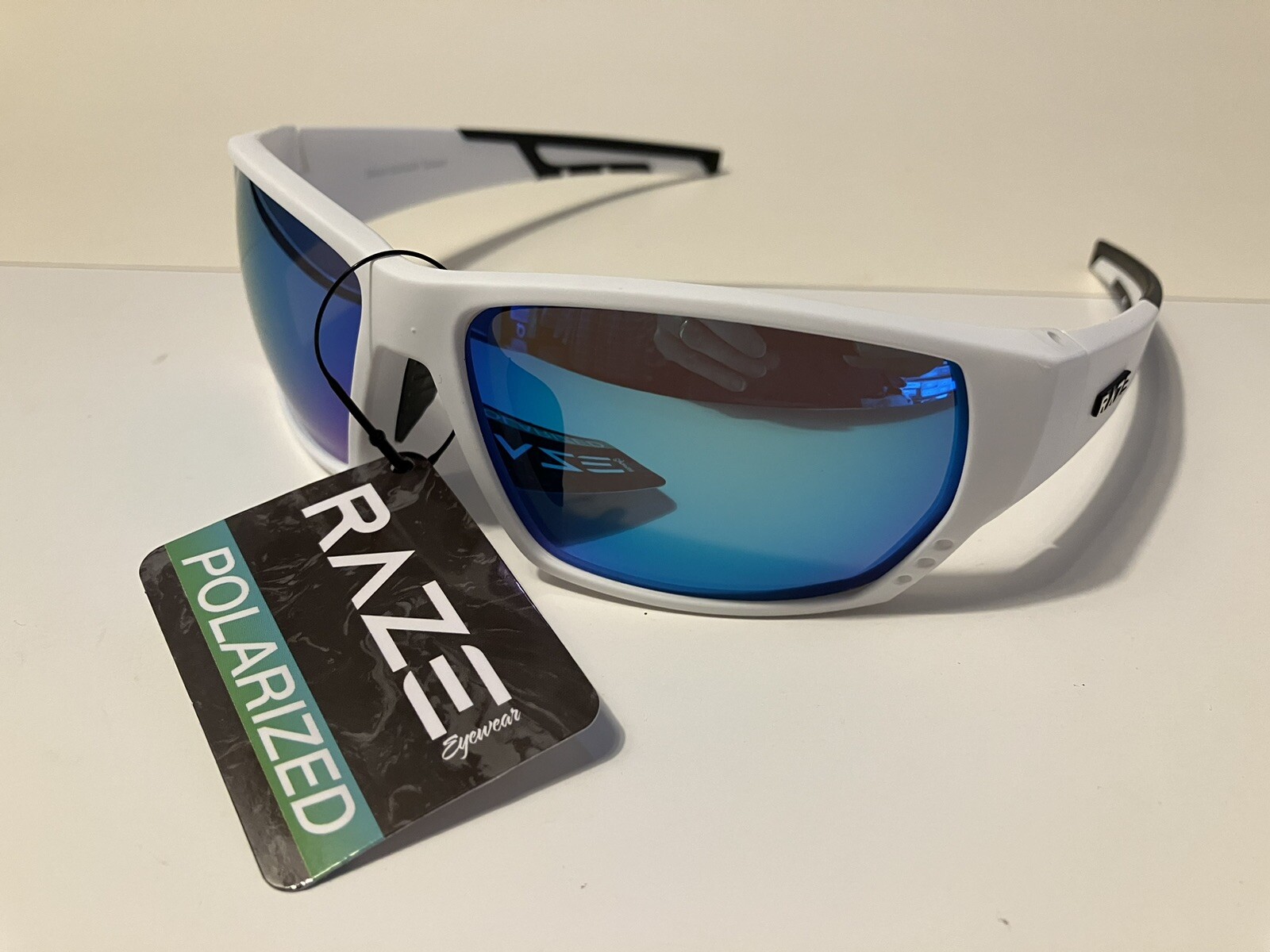 RAZE Eyewear Sunglasses Sonar Polarized White Blue Mirror Smoke 28444
