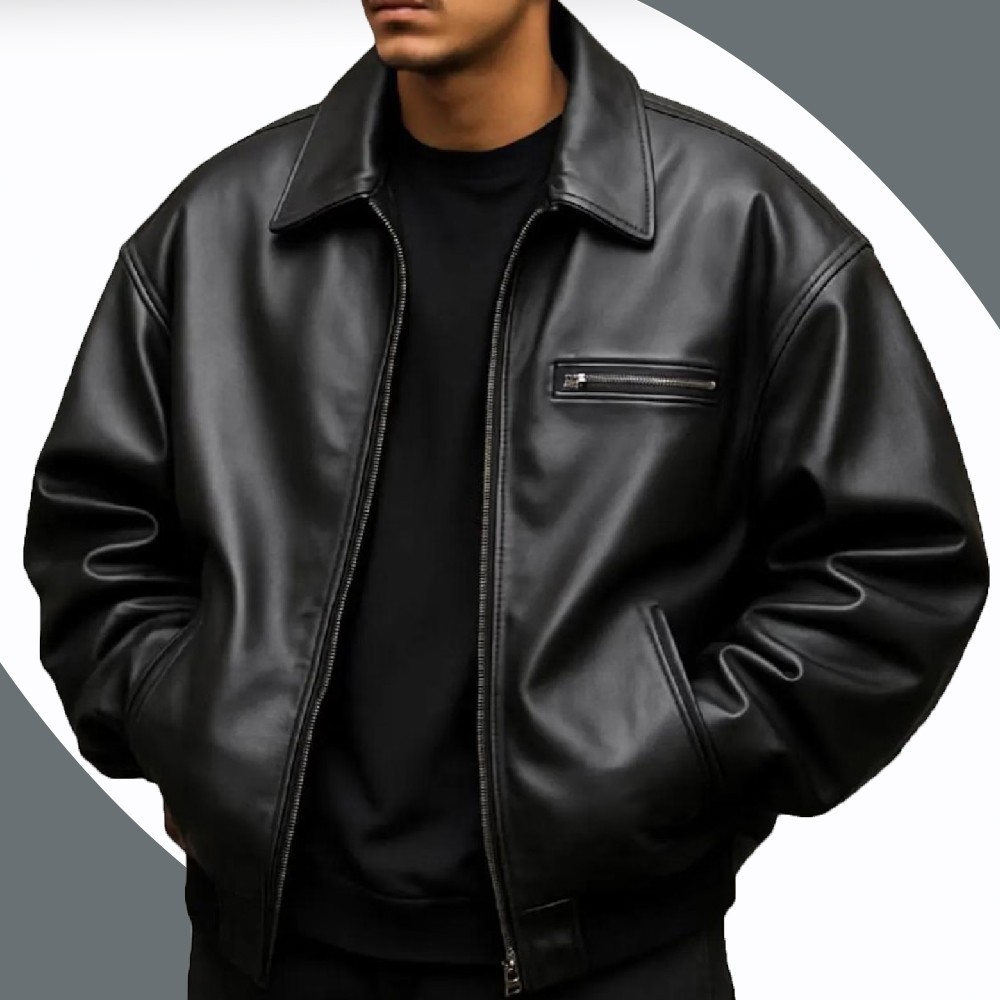 Men’s Oversized Leather Bomber Jacket Boxy Black Baggy Leather Coat Plus Size