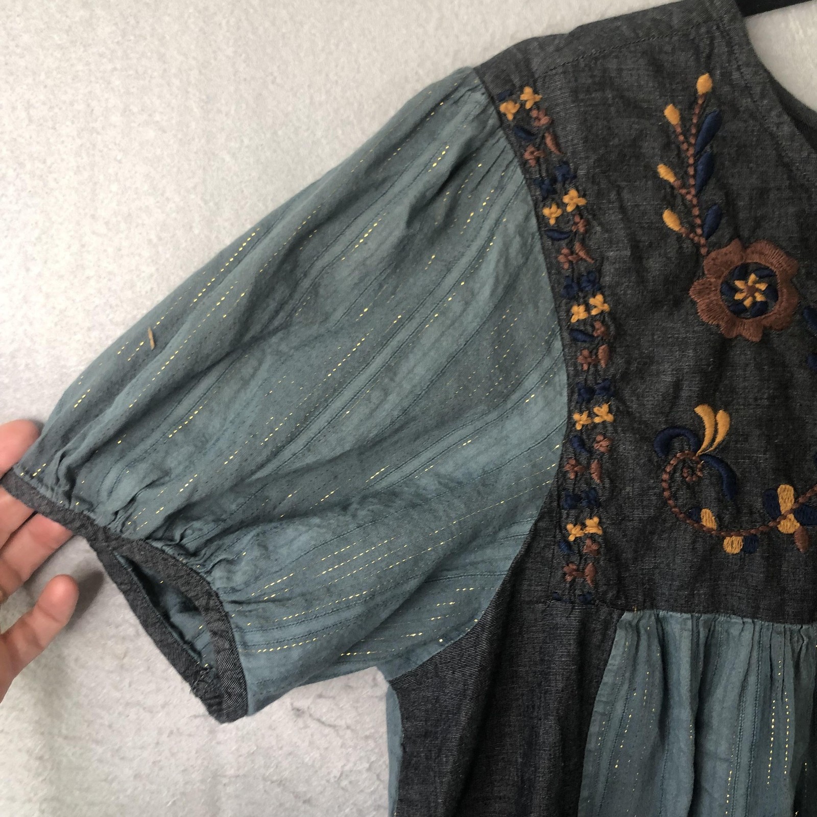 Celestial Top Womens XL Blue Embroidered Puff Sleeve Boho Peasant Festival