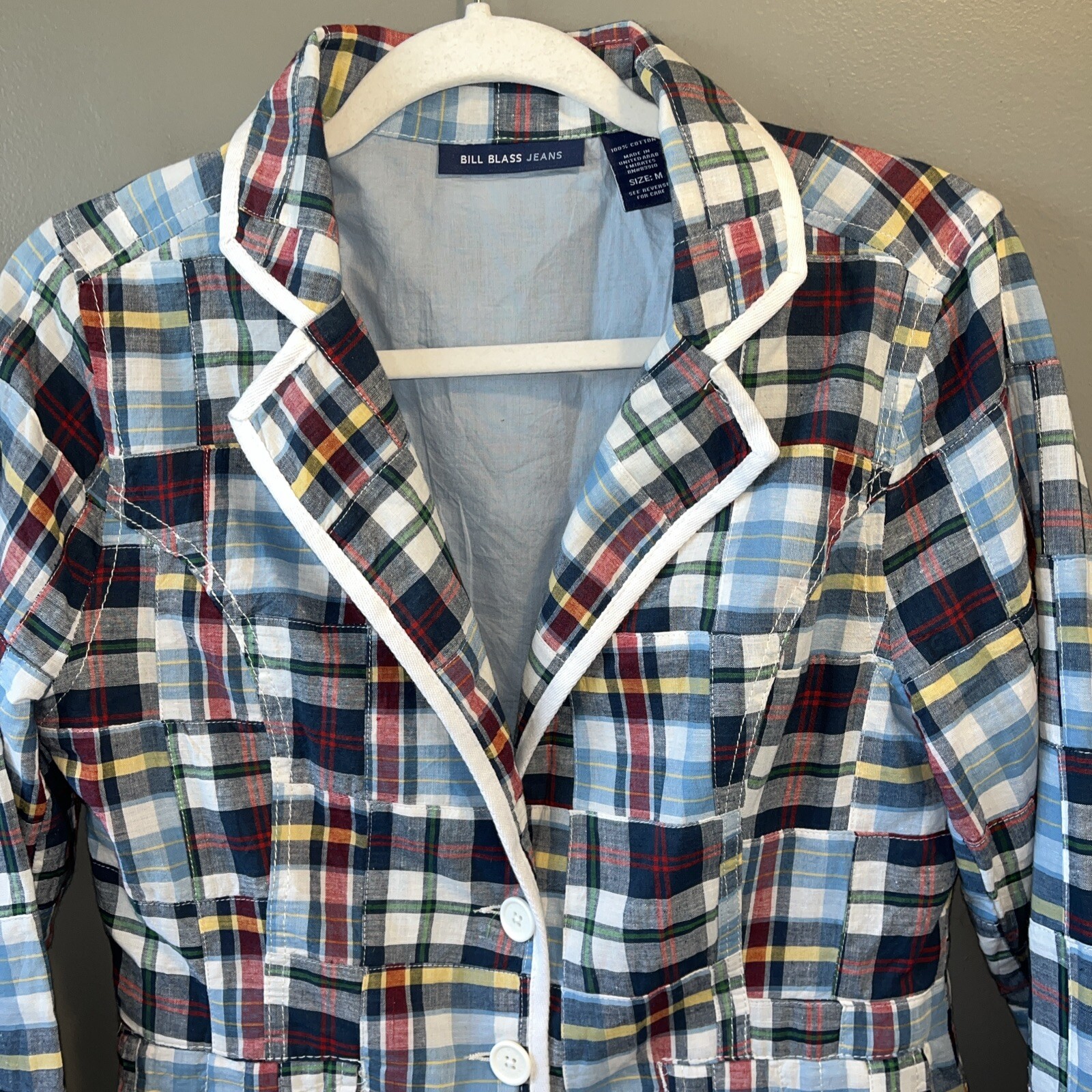 Bill Blass Jeans Quilted Patchwork Blazer Womens M Blue Plaid Cotton Jacket