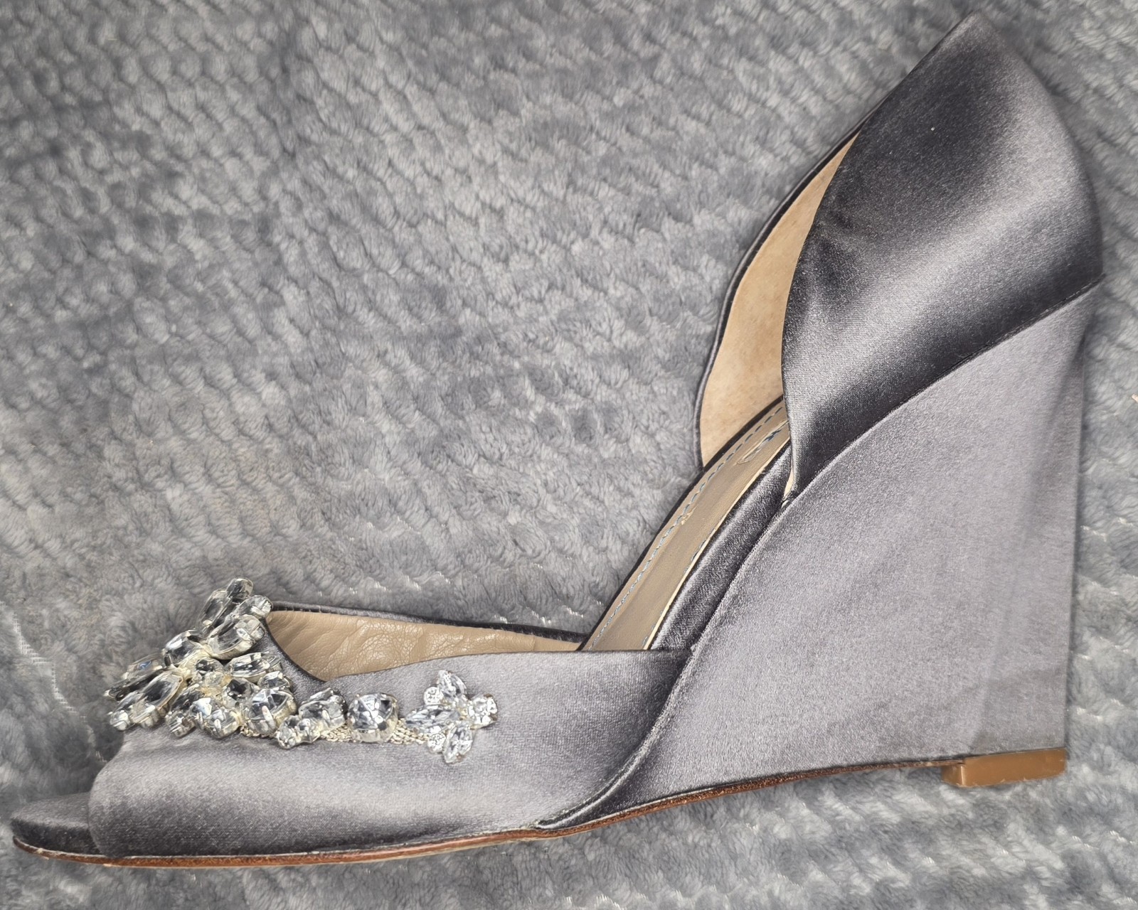 David Tutera Women’s Gray Satin Open Toe Wedge Heels with Rhinestone Accents