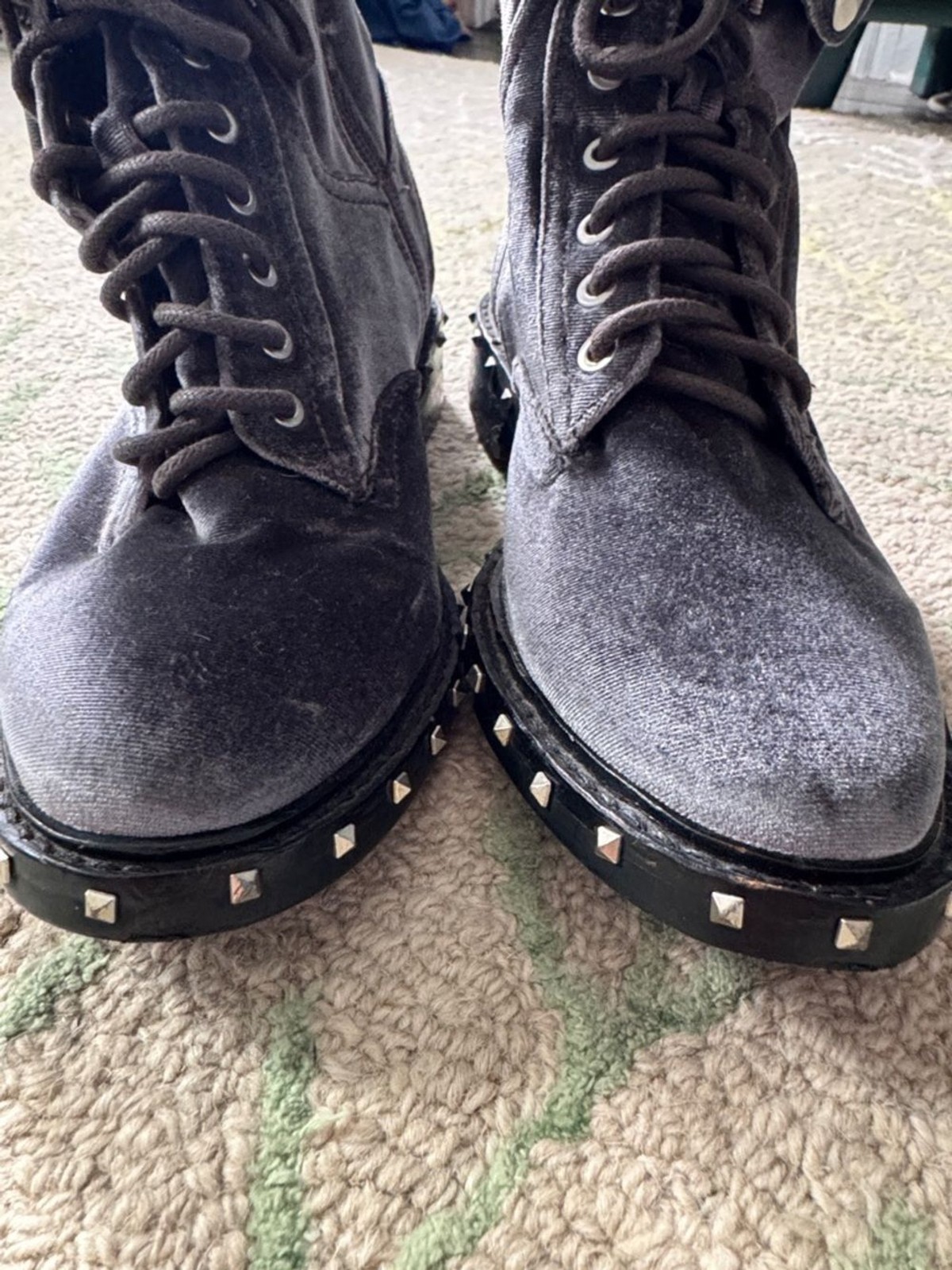 Vince Camuto Talorini studded velvet combat boots in a grey or “granite” 6