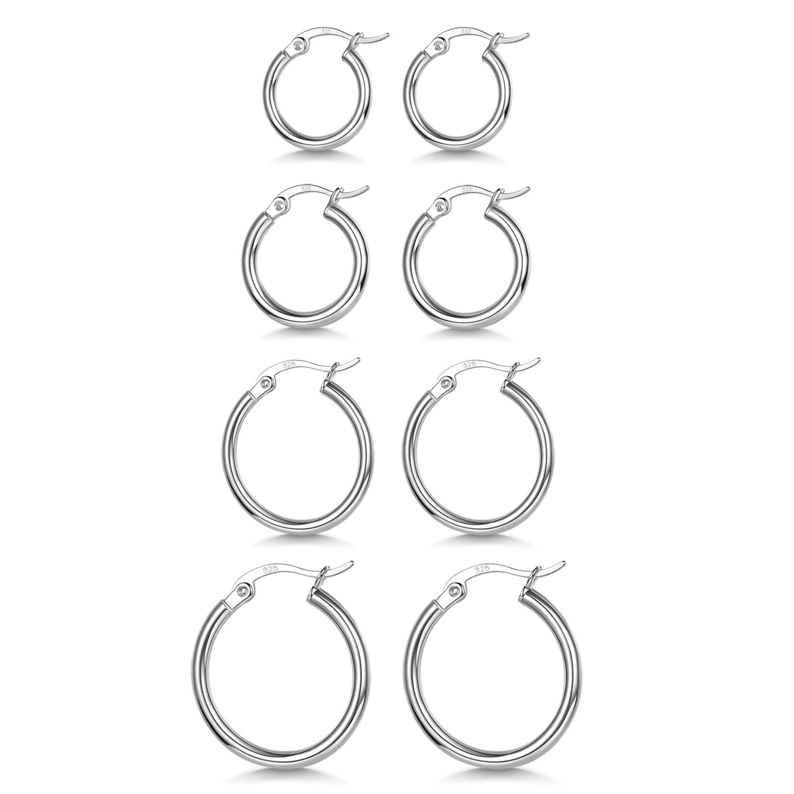 4 Pairs 925 Sterling Silver Hoop Earrings 13mm, 15mm, 20mm, 25mm,