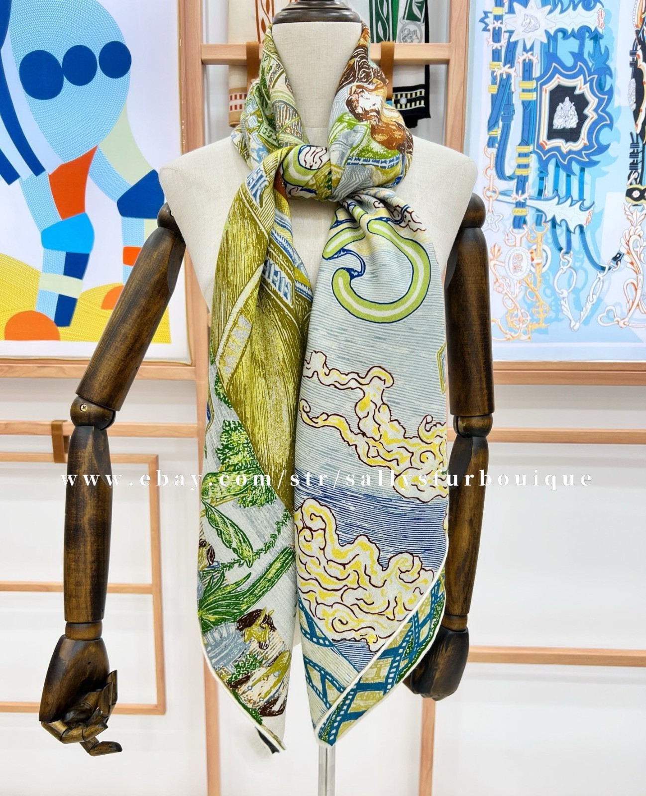 Sallys 70% Cashmere & 30% Silk Wrap Scarf City Print Double Face Shawl 53″ Green