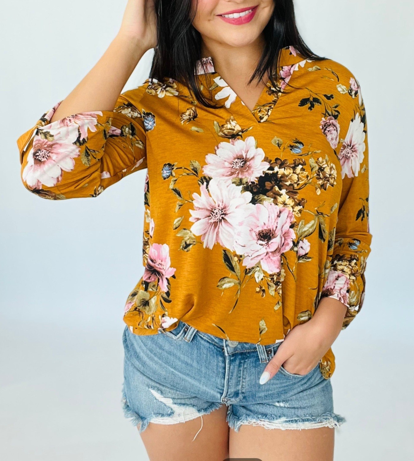 Dear Scarlett Floral V-Neck 3/4 Ruffle Sleeve Knit Top Relaxed Fit L