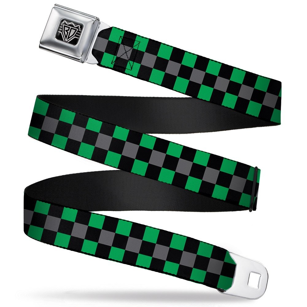 Seatbelt Belt – Checker Black/Gray/2 Green – 1.5″ Wide – 24-38 Inches in Length