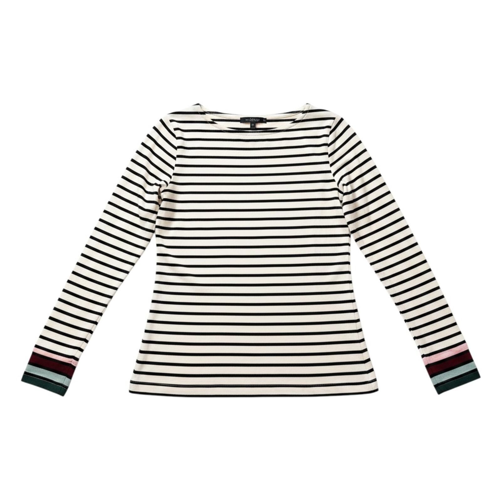 Boden White/Black Stripe Long Sleeve Top Pink Contrast Cuffs