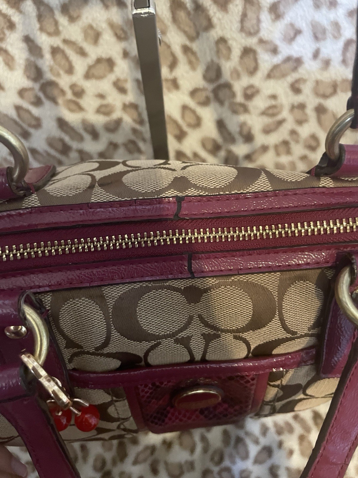 Coach F24884 Signature Stripe Python Snake Zip Satchel Khaki/Raspberry