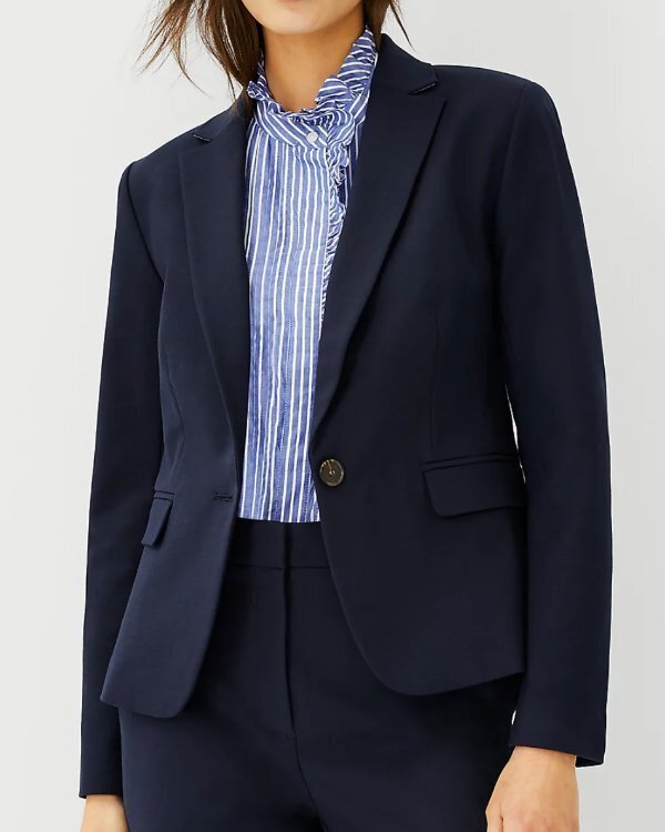 ANN TAYLOR NIGHT SKY BLUE THE SHORTER ONE BUTTON STRETCH COTTON BLAZER JACKET 0