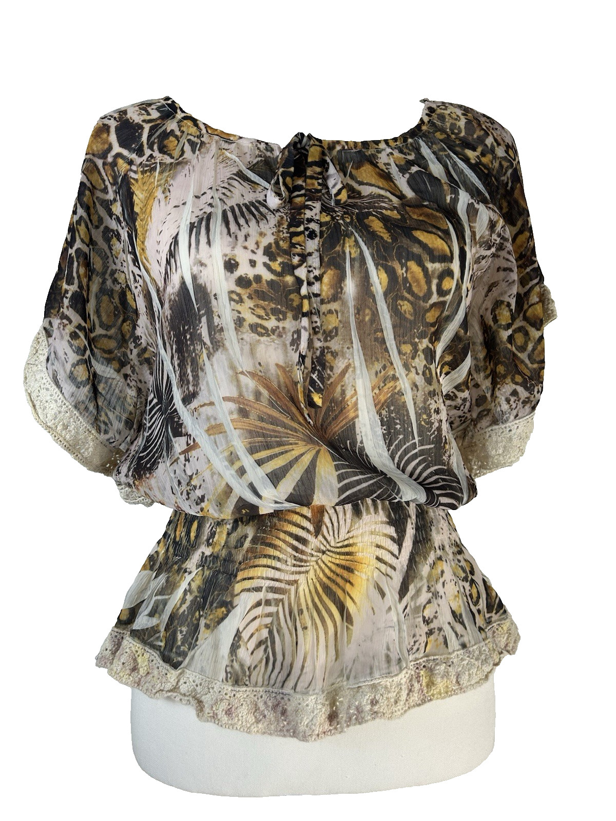 Cocomo Animal Print Boho Cropped Peasant Blouse Sz PS w/ Crochet Lace Trim