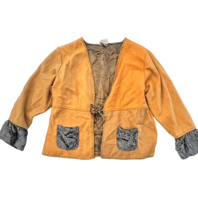 April Cornell Vintage Wool Boho Jacket Velvet Ruffles Sleeves Size Medium Tan