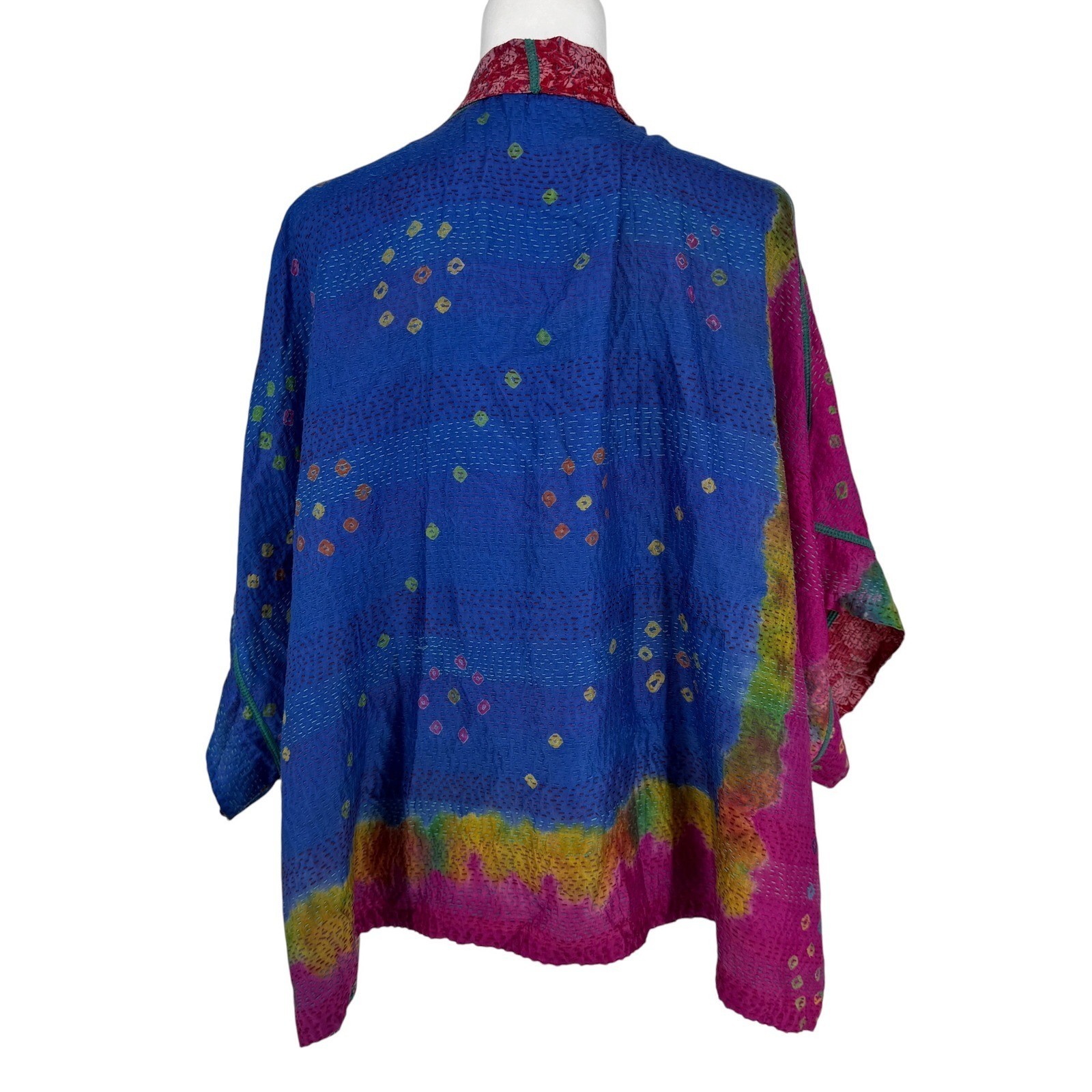 Mieko Mintz Reversible 100% Silk Kantha Jacket Red Blue Floral Bandhani OS India