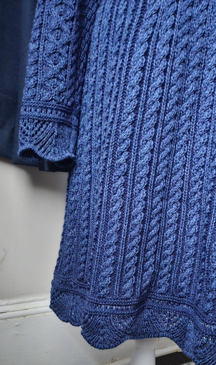Aran Crafts 100% Merino Wool Cable Knit Cardigan Womens L Long Blue Ireland NWT